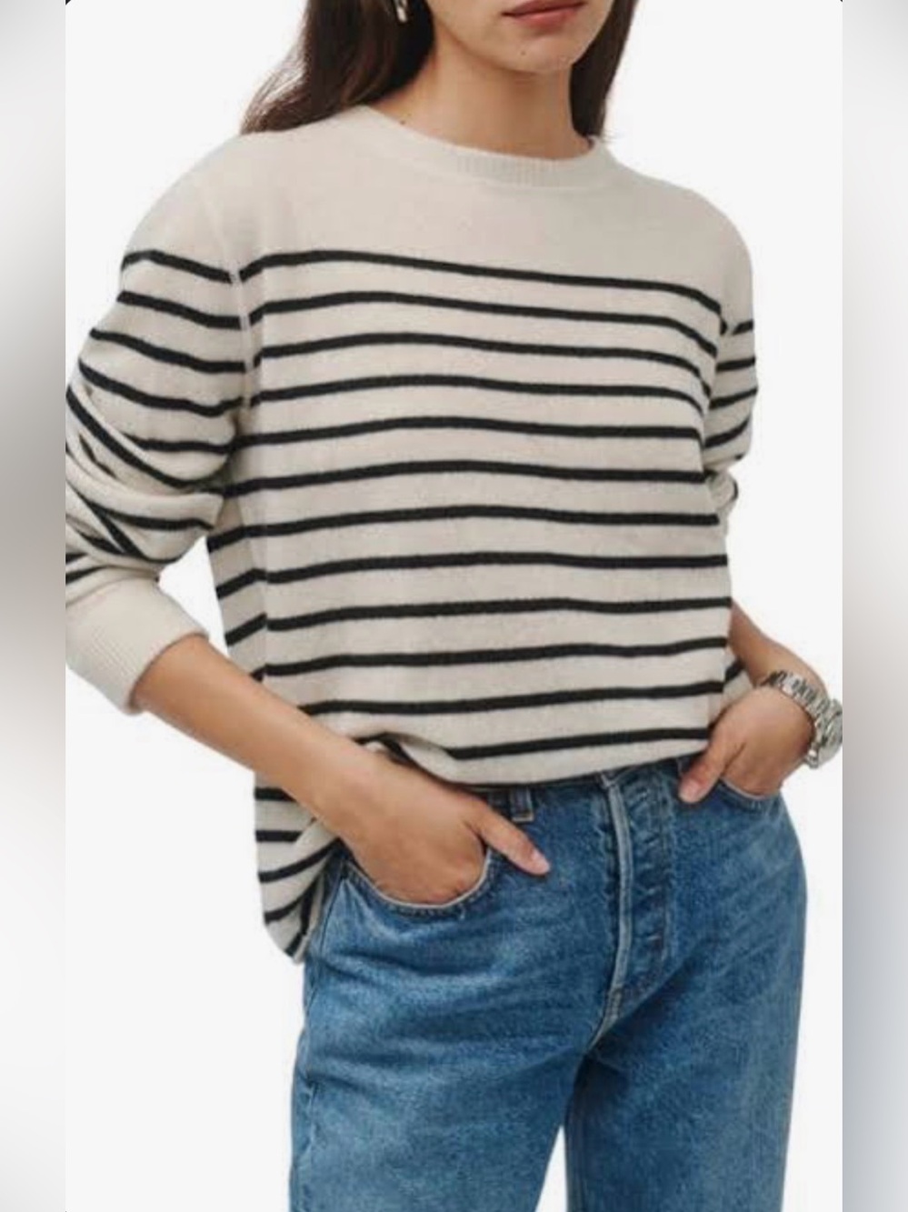 Reformation *FLAWS* Cashmere Boyfriend Sweater in Gossamer Black Stripe Size M